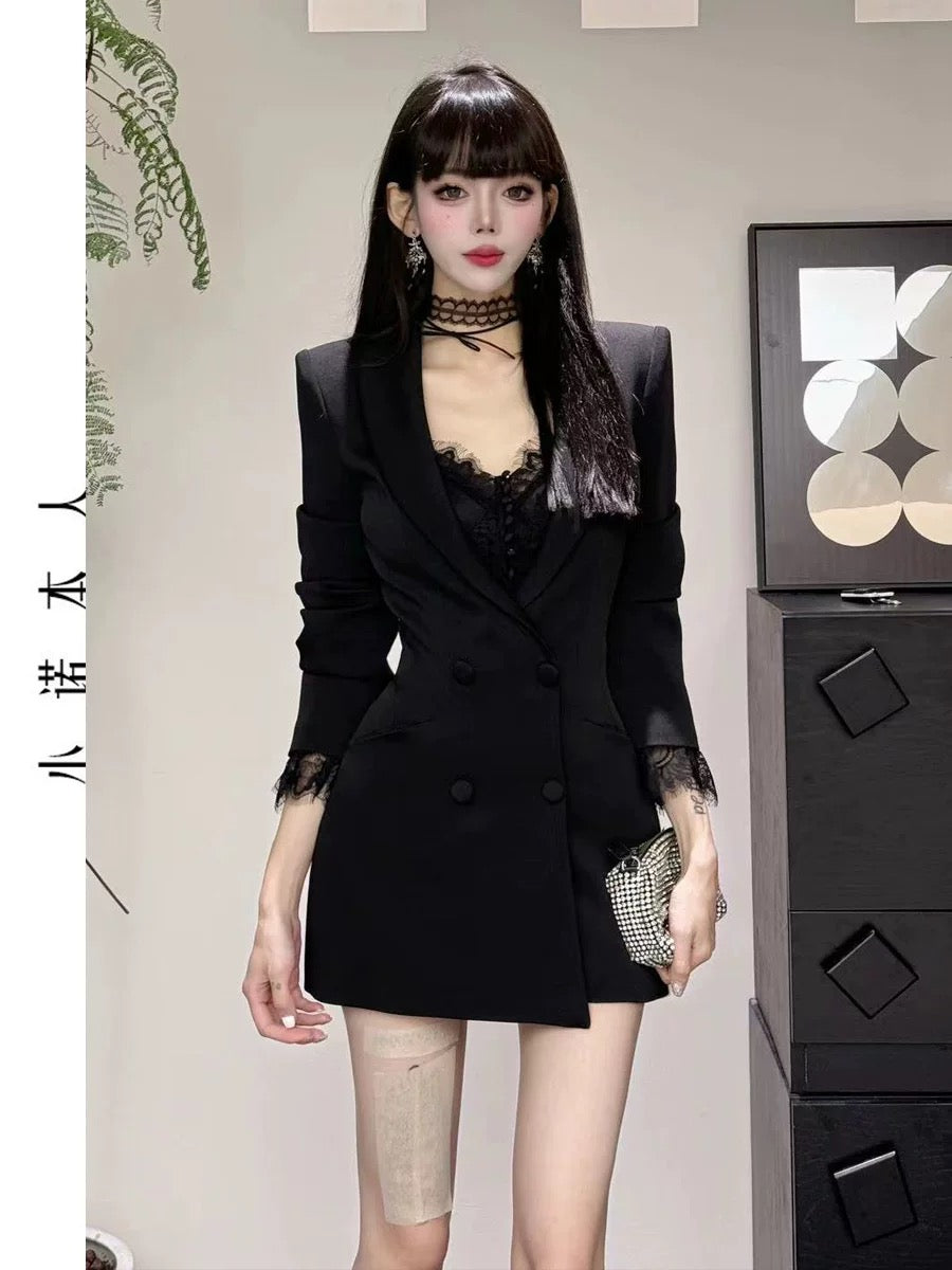 Xiaonuo's own high-end suit skirt, spring and autumn waist slimming, mid-length fake two-piece suit jacket 24526