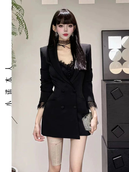 Xiaonuo's own high-end suit skirt, spring and autumn waist slimming, mid-length fake two-piece suit jacket 24526