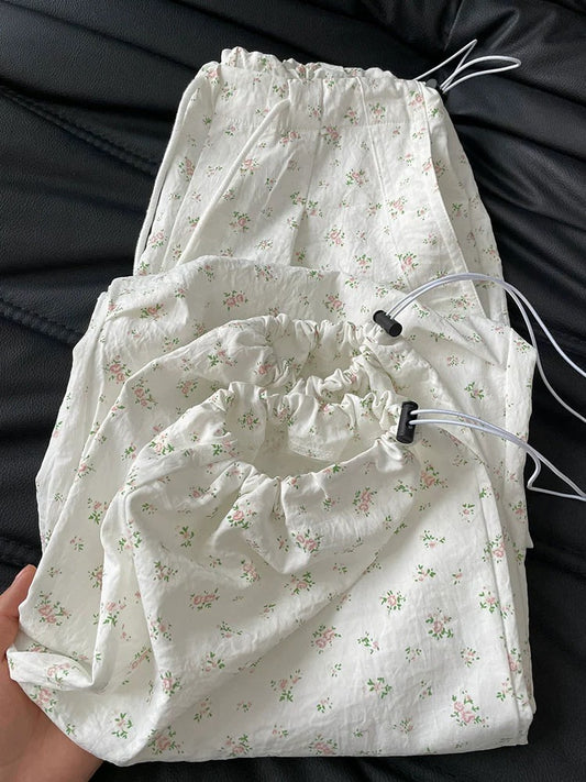 Fifth Day floral overalls loose casual wide-leg pants American retro white sweatpants new ins