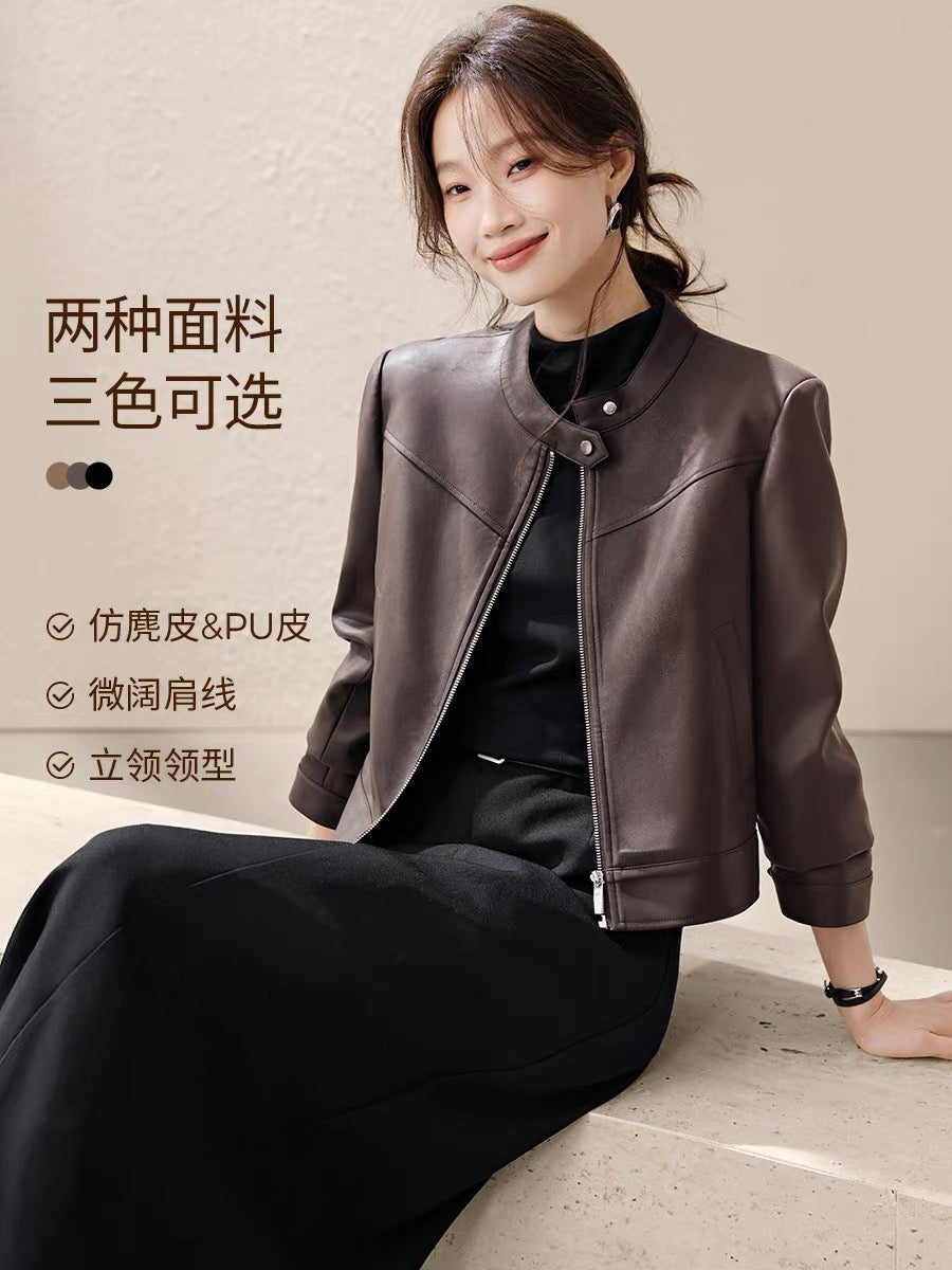 Mohan Yimei New York City Motorcycle Style PU Leather Jacket 2025 Autumn New Wide Shoulder Super Soft Faux Suede Jacket Women