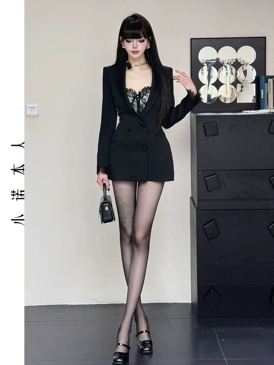 Xiaonuo's own high-end suit skirt, spring and autumn waist slimming, mid-length fake two-piece suit jacket 24526