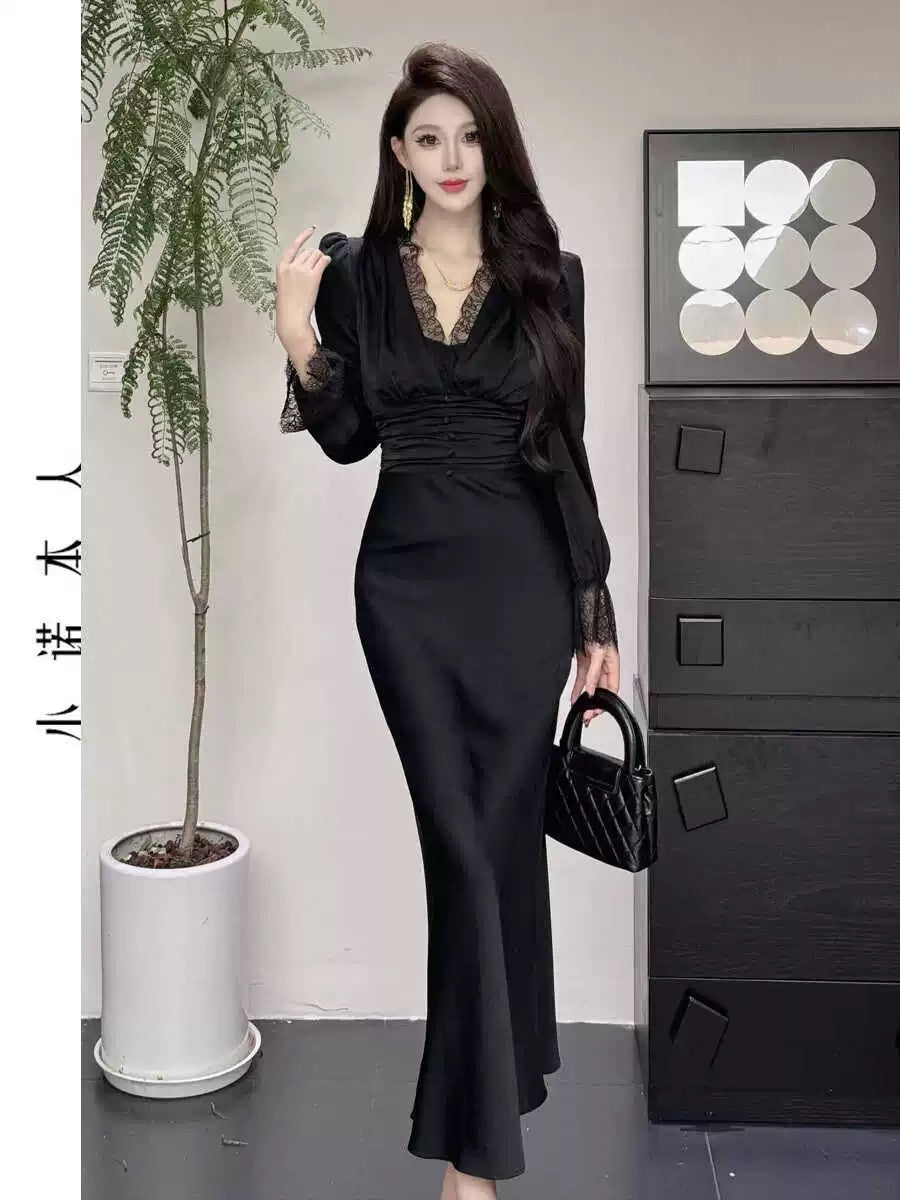 Xiaonuo's own v-neck dress Korean style temperament high waist hip skirt sexy slim pure lust fishtail long skirt 24458