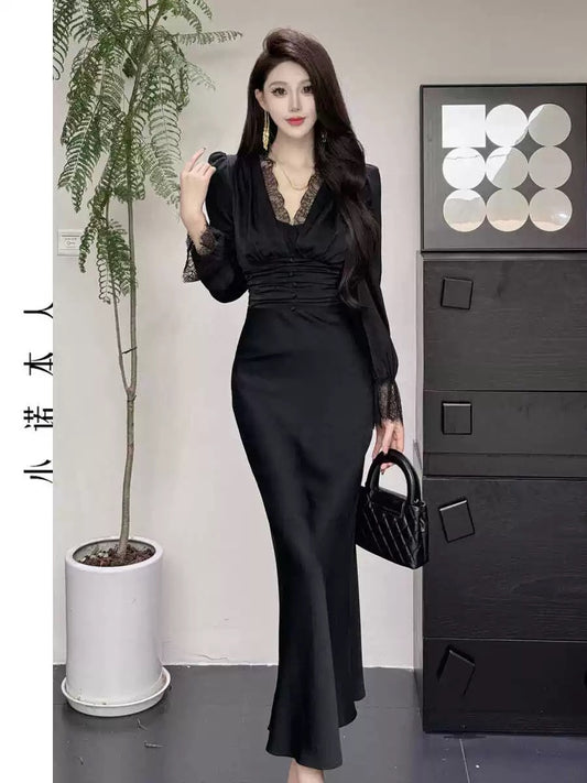 Xiaonuo's own v-neck dress Korean style temperament high waist hip skirt sexy slim pure lust fishtail long skirt 24458