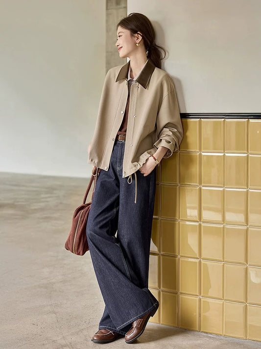 Mohan Yimei Barn style casual jacket 2025 autumn new brandy brown contrast collar silhouette jacket