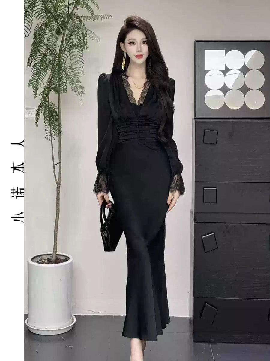 Xiaonuo's own v-neck dress Korean style temperament high waist hip skirt sexy slim pure lust fishtail long skirt 24458