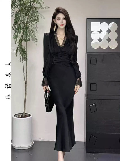 Xiaonuo's own v-neck dress Korean style temperament high waist hip skirt sexy slim pure lust fishtail long skirt 24458