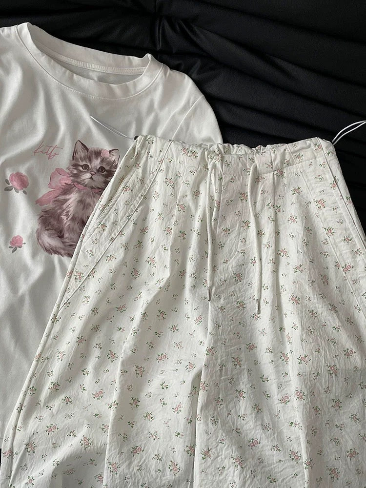 Fifth Day floral overalls loose casual wide-leg pants American retro white sweatpants new ins