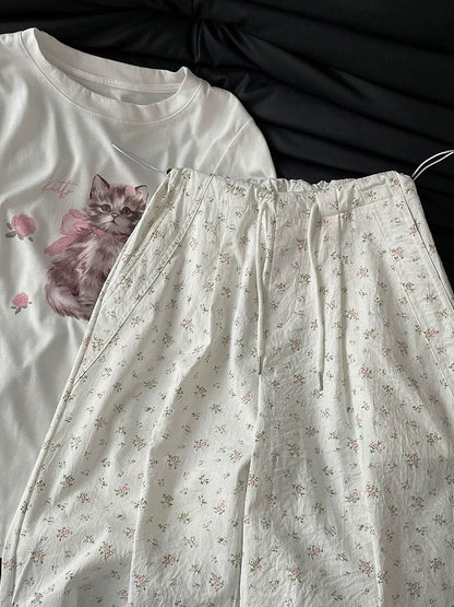 Fifth Day floral overalls loose casual wide-leg pants American retro white sweatpants new ins