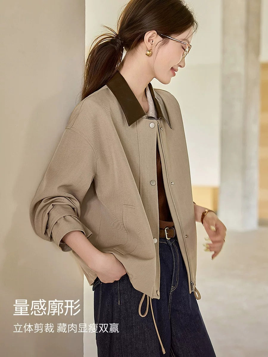 Mohan Yimei Barn style casual jacket 2025 autumn new brandy brown contrast collar silhouette jacket