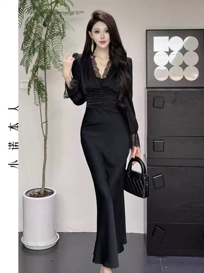 Xiaonuo's own v-neck dress Korean style temperament high waist hip skirt sexy slim pure lust fishtail long skirt 24458