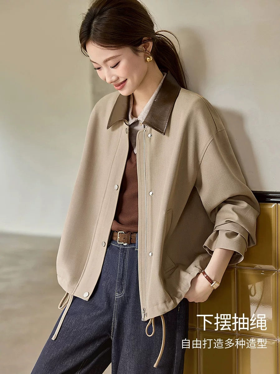 Mohan Yimei Barn style casual jacket 2025 autumn new brandy brown contrast collar silhouette jacket