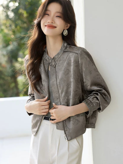 Mohan Yimei new Chinese style satin jacquard stand collar jacket coat 2025 spring new temperament versatile women's jacket