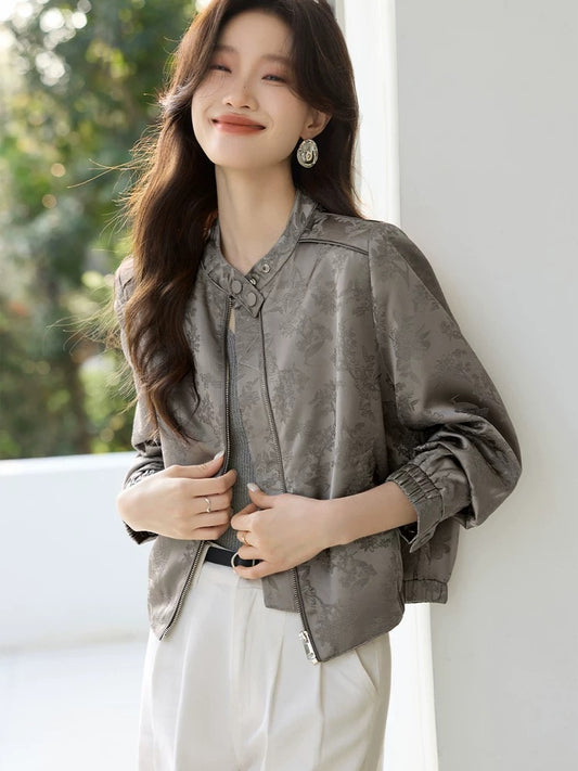 Mohan Yimei new Chinese style satin jacquard stand collar jacket coat 2025 spring new temperament versatile women's jacket