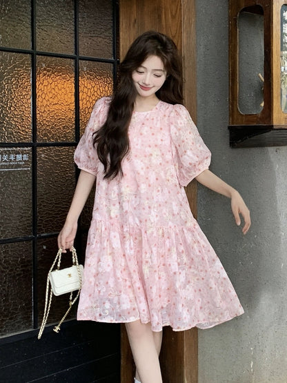 French pink floral dress for women summer 2024 new first love pure milky sweet puff sleeve mid-length babydoll dress