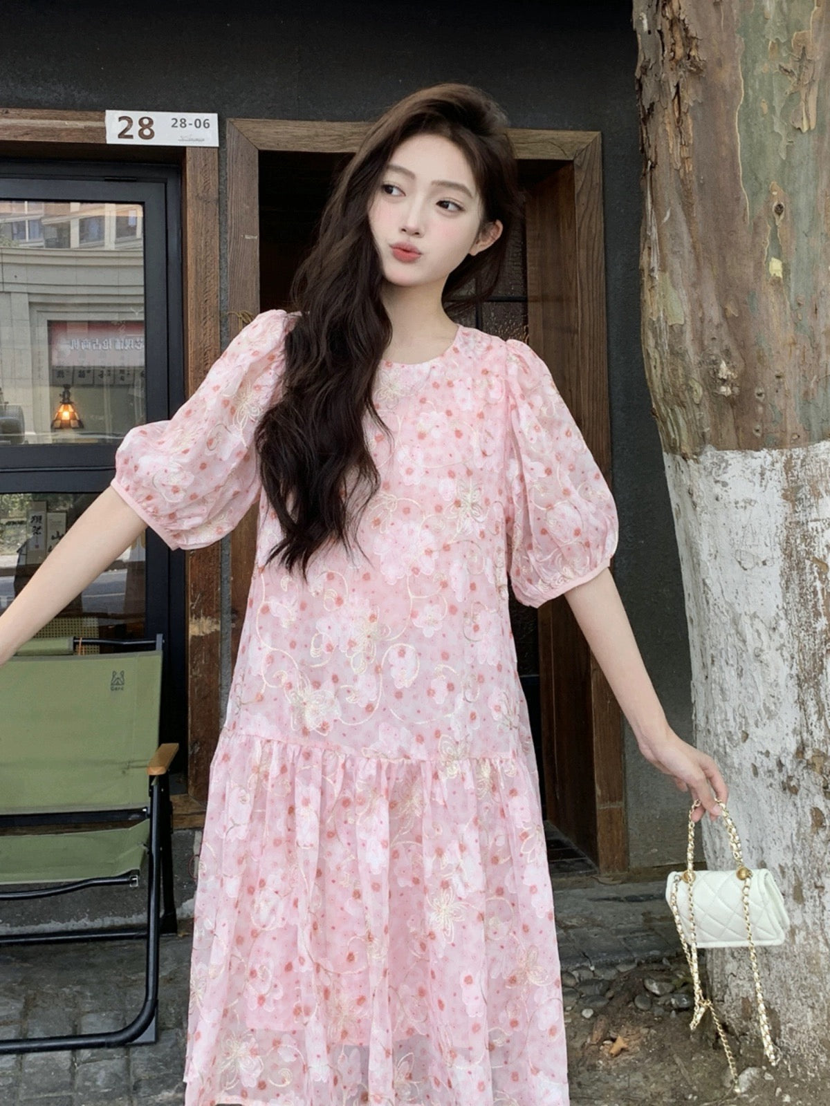 French pink floral dress for women summer 2024 new first love pure milky sweet puff sleeve mid-length babydoll dress