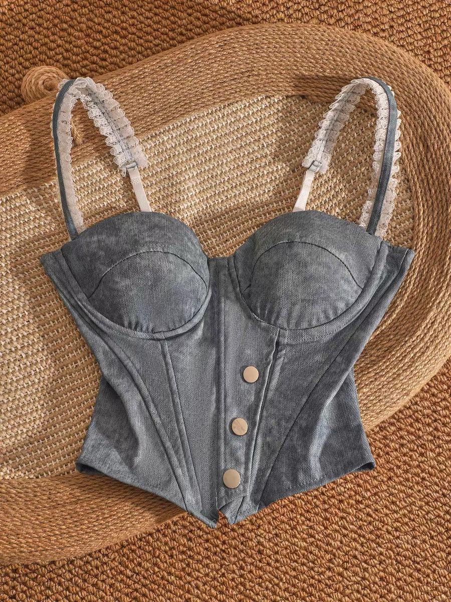 Spicy denim fishbone bra, unique design, short style, suitable for layering or wearing on its own, with breast pads, waist-cinching and slimming effect.