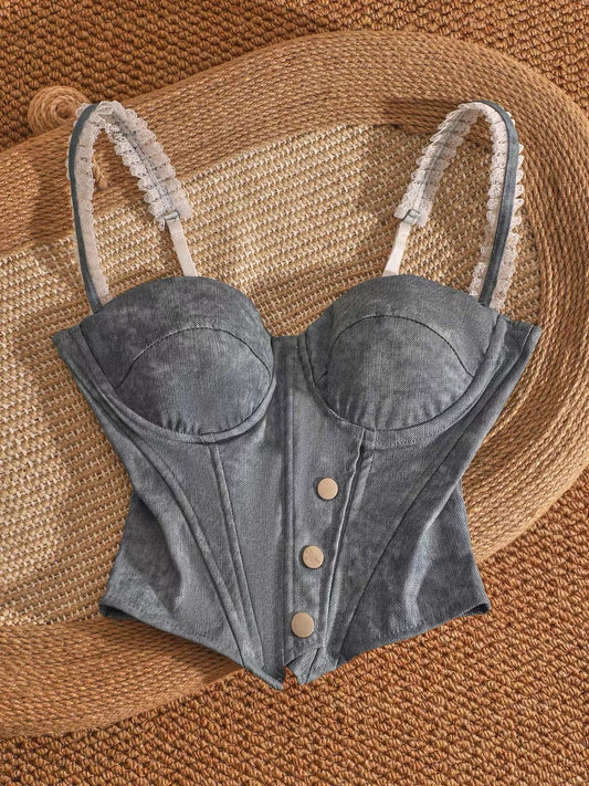Spicy denim fishbone bra, unique design, short style, suitable for layering or wearing on its own, with breast pads, waist-cinching and slimming effect.