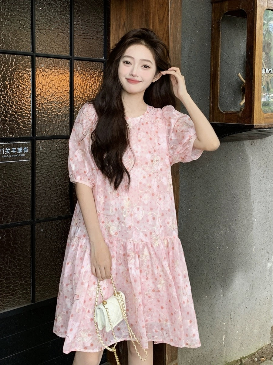 French pink floral dress for women summer 2024 new first love pure milky sweet puff sleeve mid-length babydoll dress