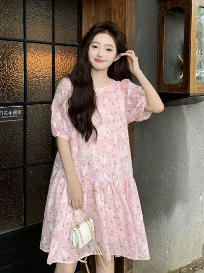 French pink floral dress for women summer 2024 new first love pure milky sweet puff sleeve mid-length babydoll dress