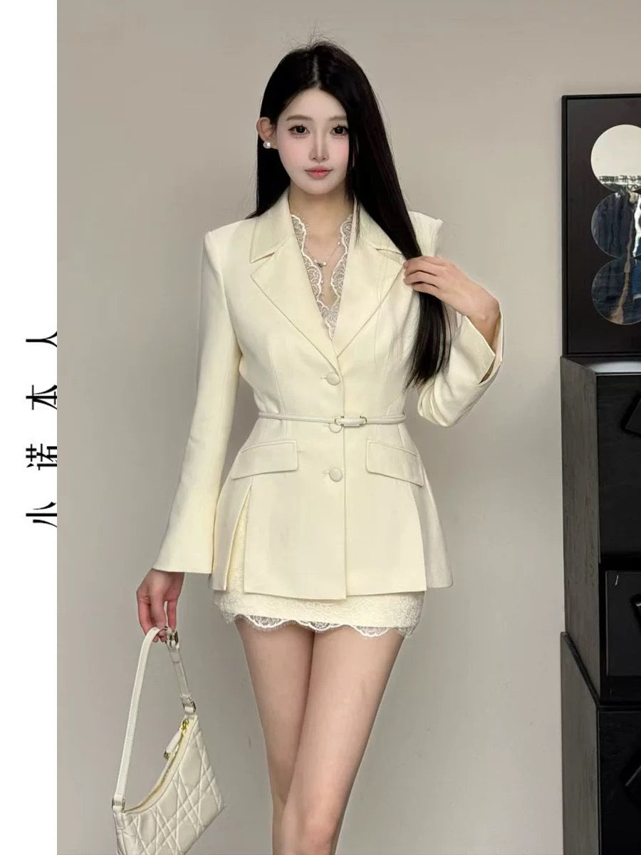 Xiaonuo's high-end suit skirt 2025 spring new style waist slimming mid-length suit collar jacket 2541