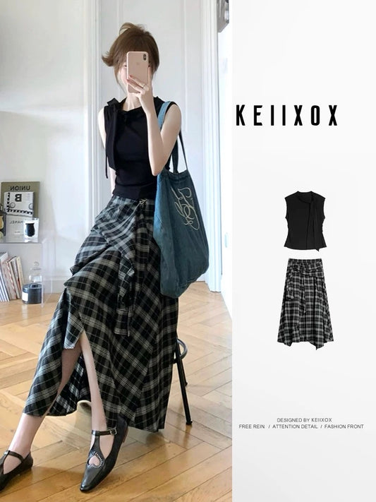 Summer suit for women 2025 new style one set black vest top plaid irregular skirt two-piece suit