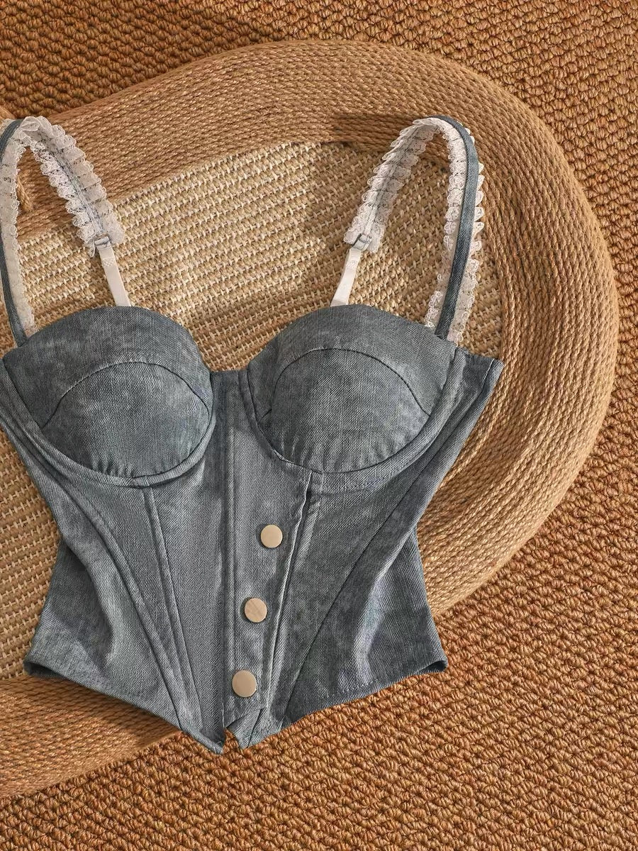 Spicy denim fishbone bra, unique design, short style, suitable for layering or wearing on its own, with breast pads, waist-cinching and slimming effect.