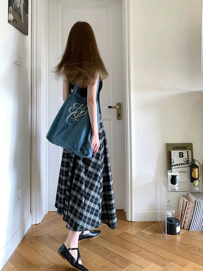 Summer suit for women 2025 new style one set black vest top plaid irregular skirt two-piece suit