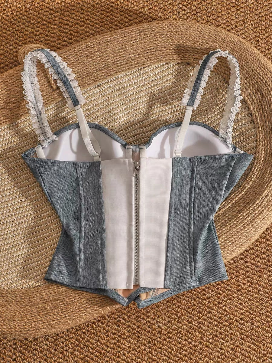 Spicy denim fishbone bra, unique design, short style, suitable for layering or wearing on its own, with breast pads, waist-cinching and slimming effect.