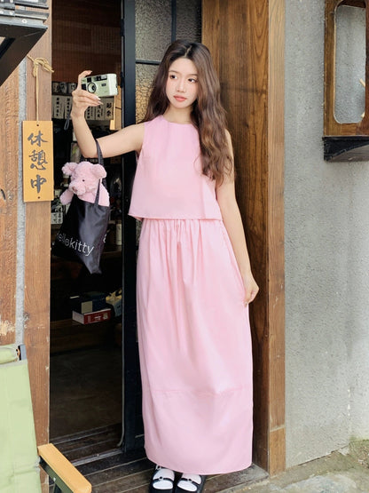Pink sleeveless top suit summer women's 2024 new college style this year's popular age-reducing skirt two-piece set