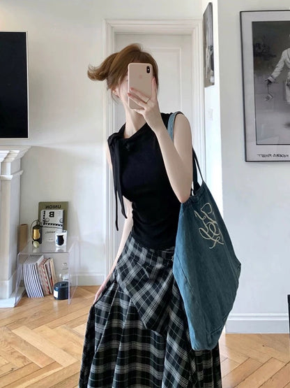 Summer suit for women 2025 new style one set black vest top plaid irregular skirt two-piece suit