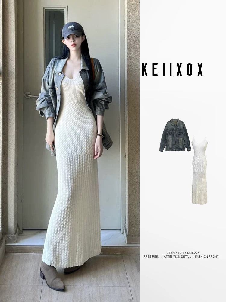 Early autumn outfit 2025 knitted suspender dress denim long-sleeved jacket this year's popular two-piece suit skirt