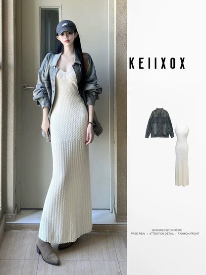 Early autumn outfit 2025 knitted suspender dress denim long-sleeved jacket this year's popular two-piece suit skirt