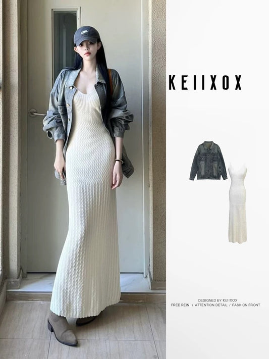 Early autumn outfit 2025 knitted suspender dress denim long-sleeved jacket this year's popular two-piece suit skirt