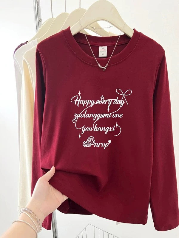 2025 Early Autumn New Style Bottoming Shirt Western Style Straight Shoulder Women's Long Sleeve T-shirt Round Neck College Style Letter Printed Top