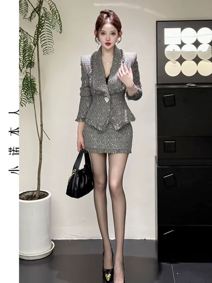 Xiaonuo's own small fragrant style suit autumn waist temperament tweed jacket high waist bag hip skirt two-piece set 24663