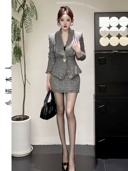 Xiaonuo's own small fragrant style suit autumn waist temperament tweed jacket high waist bag hip skirt two-piece set 24663