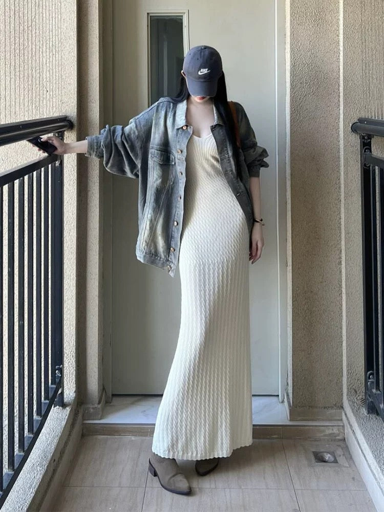 Early autumn outfit 2025 knitted suspender dress denim long-sleeved jacket this year's popular two-piece suit skirt