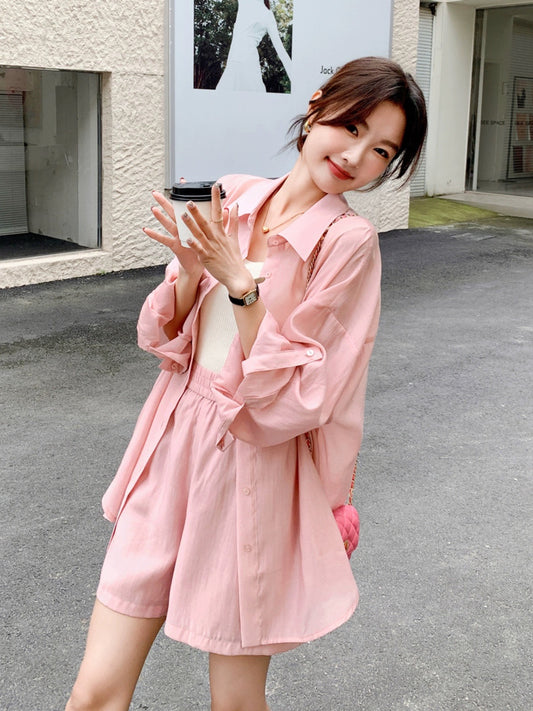Pink Casual Sun Protection Suit Summer Women 2024 New Age Reduction Loose Lightweight Shirt Top Shorts Two-piece Set