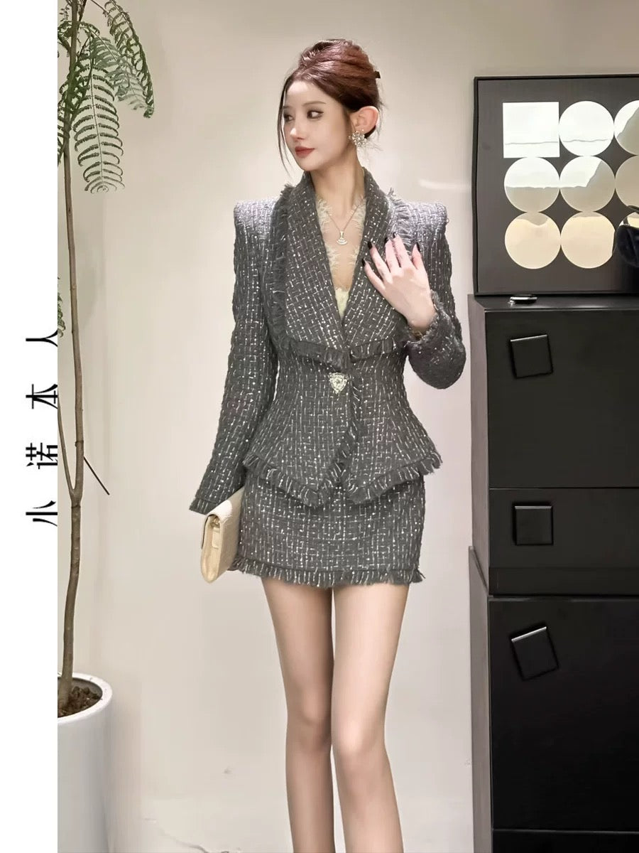 Xiaonuo's own small fragrant style suit autumn waist temperament tweed jacket high waist bag hip skirt two-piece set 24663