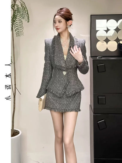 Xiaonuo's own small fragrant style suit autumn waist temperament tweed jacket high waist bag hip skirt two-piece set 24663