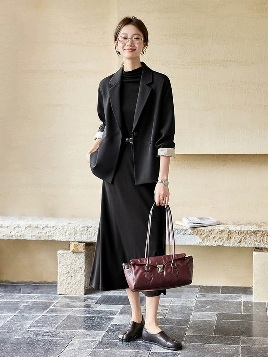 Mohan Yimei temperament commuter suit jacket 2025 autumn cocoon type casual loose simple splicing contrast color suit