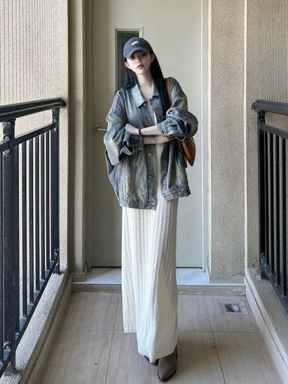 Early autumn outfit 2025 knitted suspender dress denim long-sleeved jacket this year's popular two-piece suit skirt