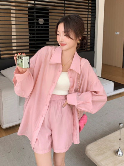Pink Casual Sun Protection Suit Summer Women 2024 New Age Reduction Loose Lightweight Shirt Top Shorts Two-piece Set