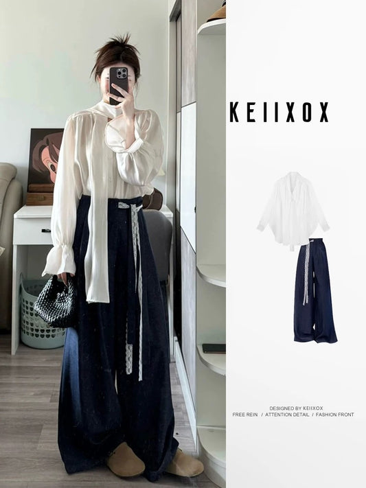 A complete set of high-end suits for the beginning of spring: white ribbon trumpet sleeve shirt, high waist wide leg pants, two-piece suit