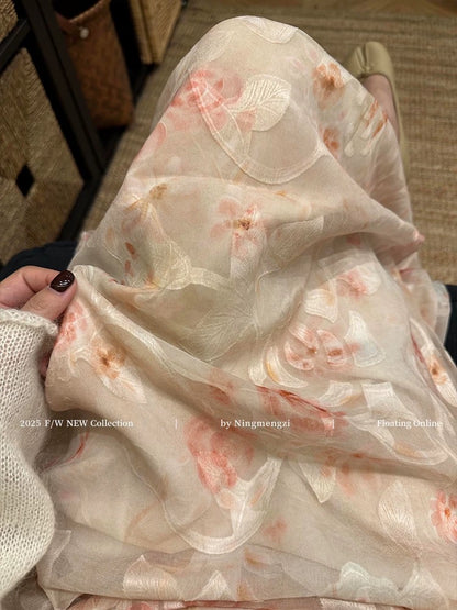 French-style romantic pink jacquard mesh midi skirt, new summer 2025 style, elegant, fairy-like, youthful, floral maxi skirt.