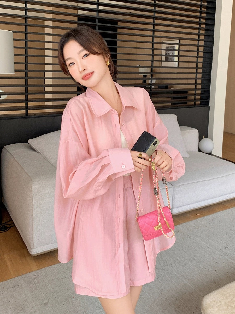 Pink Casual Sun Protection Suit Summer Women 2024 New Age Reduction Loose Lightweight Shirt Top Shorts Two-piece Set