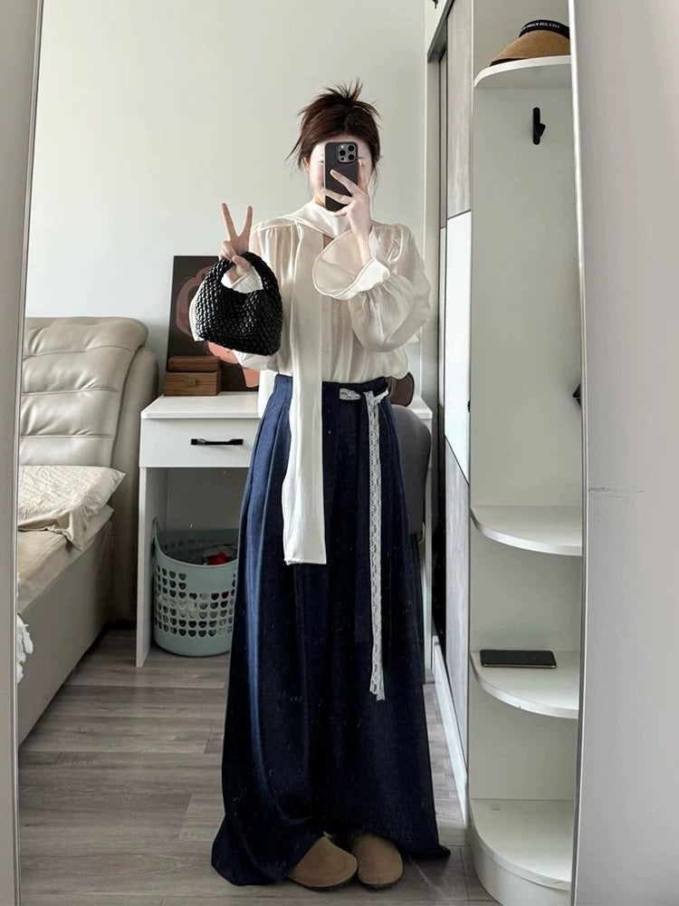 A complete set of high-end suits for the beginning of spring: white ribbon trumpet sleeve shirt, high waist wide leg pants, two-piece suit