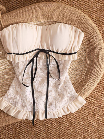 Sweet and versatile lace jacquard strapless vest for women, worn as outerwear with bra pads, off-the-shoulder, sexy, waist-cinching sleeveless top.