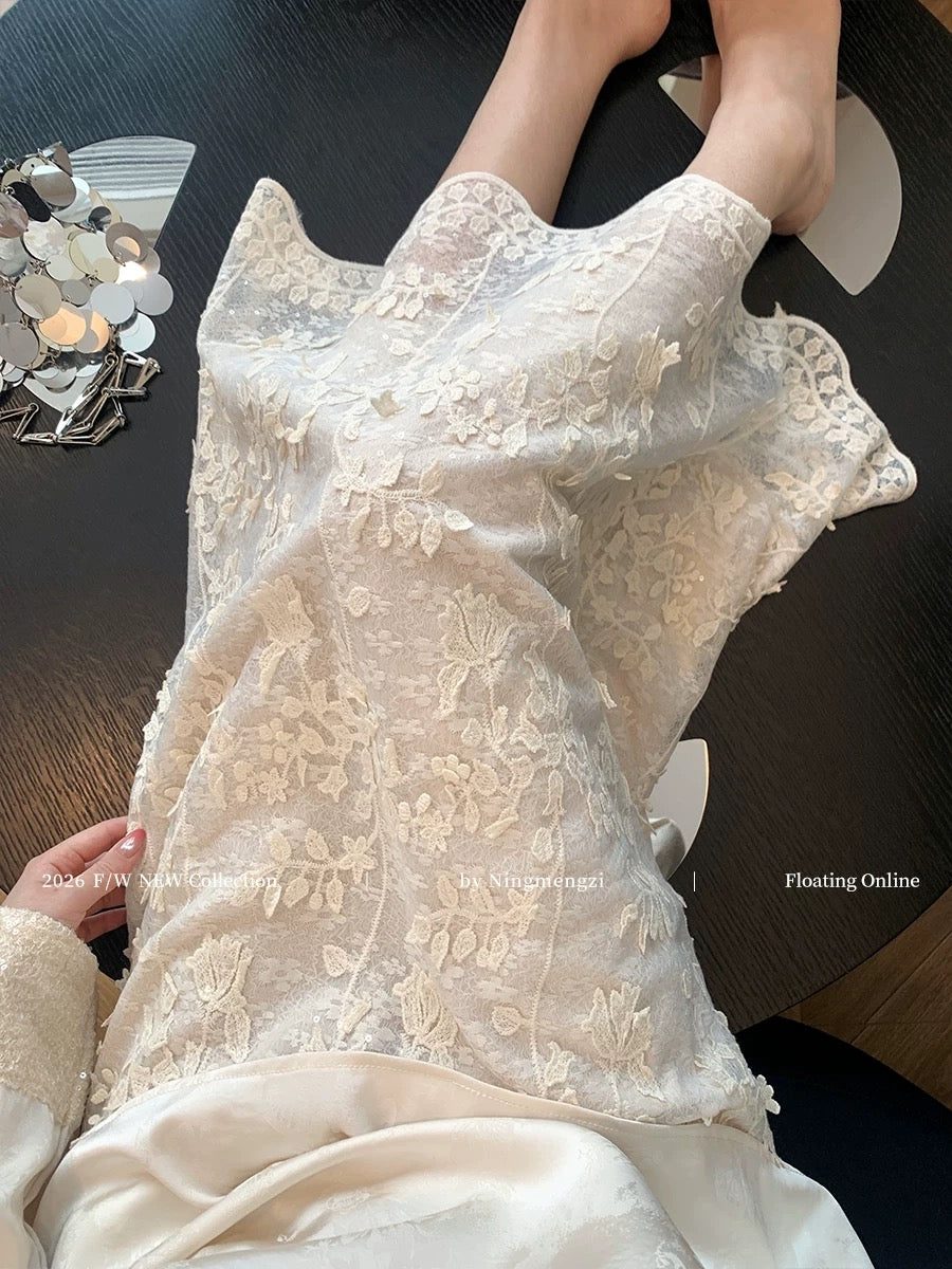 Lazy Style White 3D Lace Sequin Midi Skirt for Women, Spring 2026 New Arrival, French Chic, Flowy and Slimming Skirt