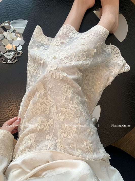 Lazy Style White 3D Lace Sequin Midi Skirt for Women, Spring 2026 New Arrival, French Chic, Flowy and Slimming Skirt